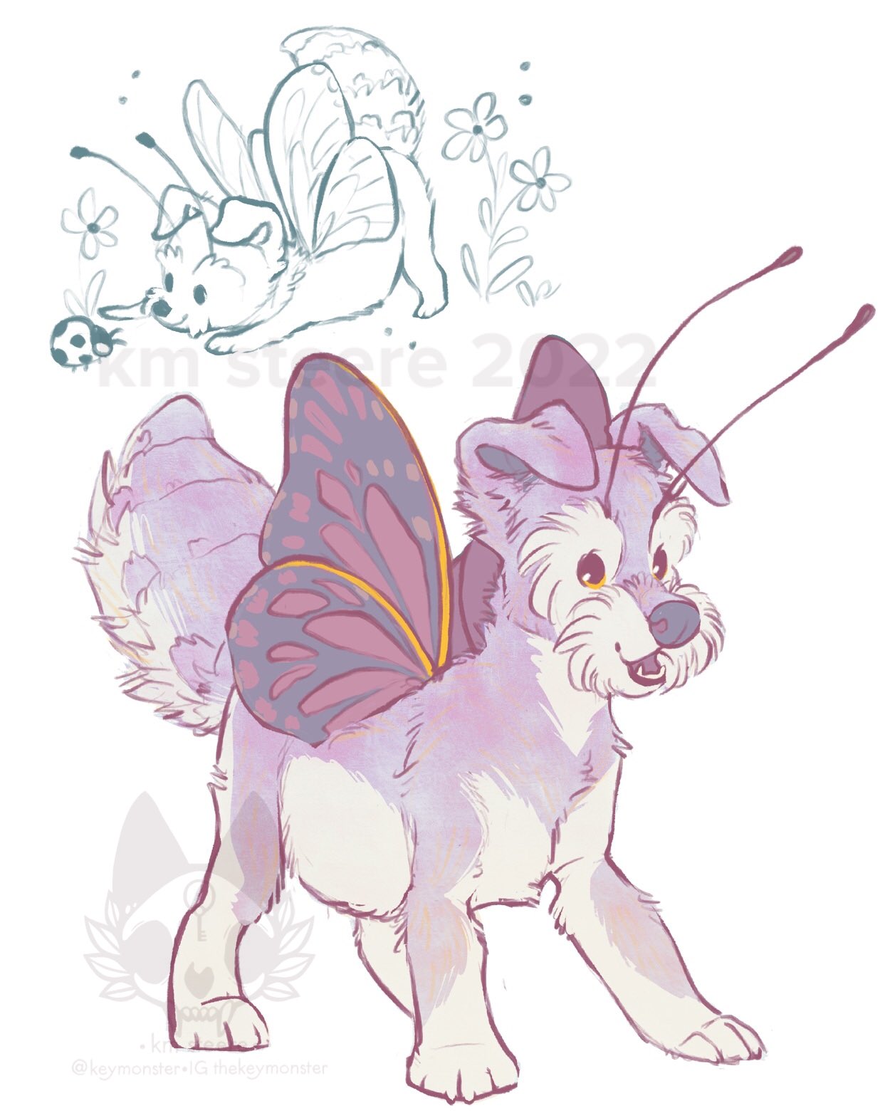 A scruffy, purple puppy with butterfly wings and antenna stands ready to play. In the corner of the sketch page there is a smaller doodle of the same puppy playing with a ladybug.