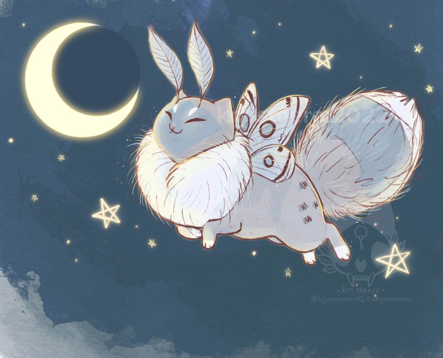 A fluffy blue and gray moth kitten flies through the night sky with stars and a crescent moon behind it.