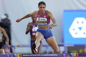 Sydney McLaughlin, of the United States, competes the final of the women's 400-meter hurdles at the World Athletics Championships on Friday, July 22, 2022, in Eugene