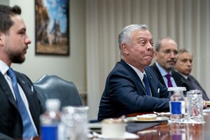 Jordan's King Abdullah II bin Al-Hussein, accompanied by Crown Prince of Jordan Hussein bin Abdullah, left, speaks during a meeting with Secretary of Defense Lloyd Austin at the Pentagon in Washington, Thursday, May 12, 2022.