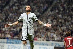 Paris Saint-Germain's Neymar celebrates his goal during a friendly soccer match betweenParis Saint-Germain and Gamba Osaka in Suita, western Japan, Monday, July 25, 2022