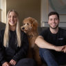 Chloe Tan Sing and her partner Kieran Perkins and dog Beebs, who are first home buyers.