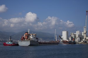 The cargo ship Polarnet, center, arrives to Derince port in the Gulf of Izmit, Turkey, Monday Aug. 8, 2022