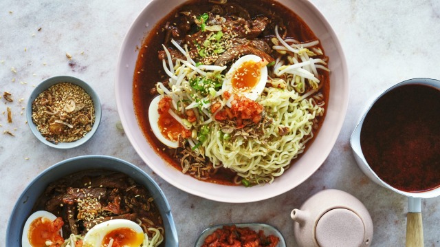 Ramyeon noodles with spicy broth, chilli beef, soft-boiled egg and kimchi.