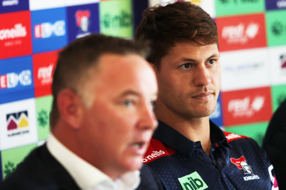 Newcastle coach Adam O’Brien with star player Kalyn Ponga.