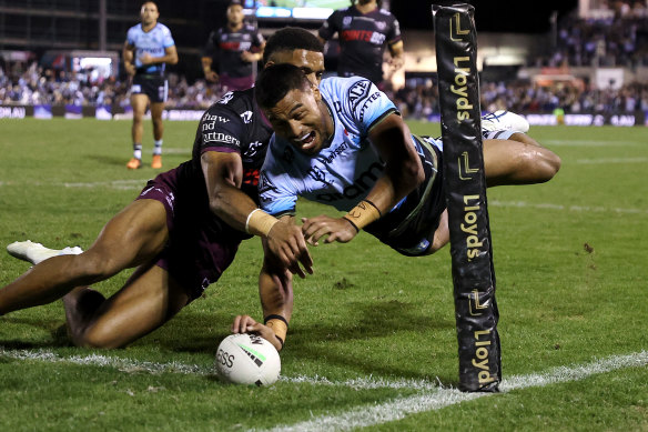 Cronulla’s Ronaldo Mulitalo piled on the first-half pain for Manly with more great finishing.