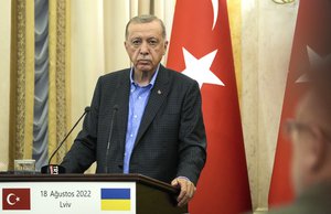 Turkish President Recep Tayyip Erdogan attends a press conference with Ukrainian President Volodymyr Zelenskyy and United Nations Secretary General Antonio Guterres in Lviv, Ukraine, on Thursday, Aug, 18, 2022.