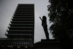 Slavery - A new black resin and steel statue entitled "A Surge of Power (Jen Reid) 2020" by artist Marc Quinn stands after the statue was put up in the morning on the empty plinth of the toppled statue of 17th century slave trader Edward Colston, which was pulled down during a Black Lives Matter protest in Bristol, England, Wednesday, July 15, 2020. On June 7, anti-racism demonstrators pulled the 18-foot (5.5-meter) bronze likeness of Colston down, dragged it to the nearby harbor and dumped it in the River Avon, sparking both delight and dismay in Britain and beyond.