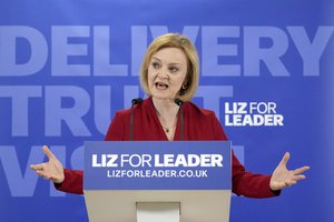 Britain's Secretary of State for Foreign, Commonwealth and Development Affairs, Liz Truss, speaks during the launch of her campaign to be Conservative Party leader and Prime Minister, in Westminster, in London, Thursday, July 14, 2022.