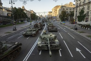 A view of destroyed Russian military vehicles installed in downtown Kyiv, Ukraine, Wednesday, Aug. 24, 2022