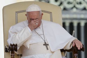 Pope Francis attends his weekly general audience in St. Peter's Square at the Vatican, Wednesday, June 22, 2022.