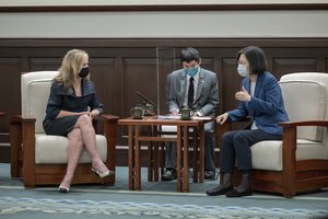 In this photo released by the Taiwan Presidential Office, U.S. Sen. Marsha Blackburn meets with Taiwan's President Tsai Ing-wen in Taipei, Taiwan on Friday, Aug. 26, 2022