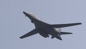 FILE - In this Sept. 13, 2016, file photo, a U.S. B-1B bomber flies over Osan Air Base in Pyeongtaek, South Korea.