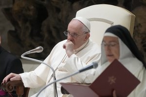 Pope Francis attends his weekly general audience in the Paul VI Hall at The Vatican, Wednesday, Aug. 24, 2022