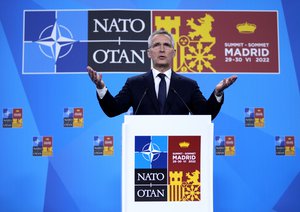 NATO Secretary General Jens Stoltenberg speaks during a media conference at the end of a NATO summit in Madrid, Spain on Thursday, June 30, 2022.