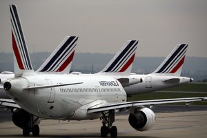 FILE - Air France planes are parked on the tarmac at Paris Charles de Gaulle airport, in Roissy, near Paris, on May 17, 2019.