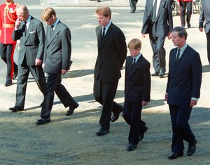 Prince Philip, Prince William, Earl Spencer, Prince Harry and Prince Charles follow the coffin of Diana, Princess of Wales along Horse Guards Parade toward Westminster Abbey, London for the funeral service in this Saturday Sept. 6, 1997 file photo.