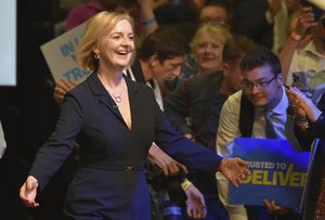 Liz Truss meets supporters at a Conservative Party leadership election hustings at the NEC, Birmingham, England, Tuesday, Aug. 23, 2022.