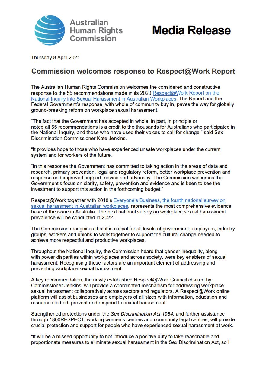 Media release from the Australian Human Rights Commission: Commission welcomes response to Respect@Work Report. Full text in the URL in tweet.