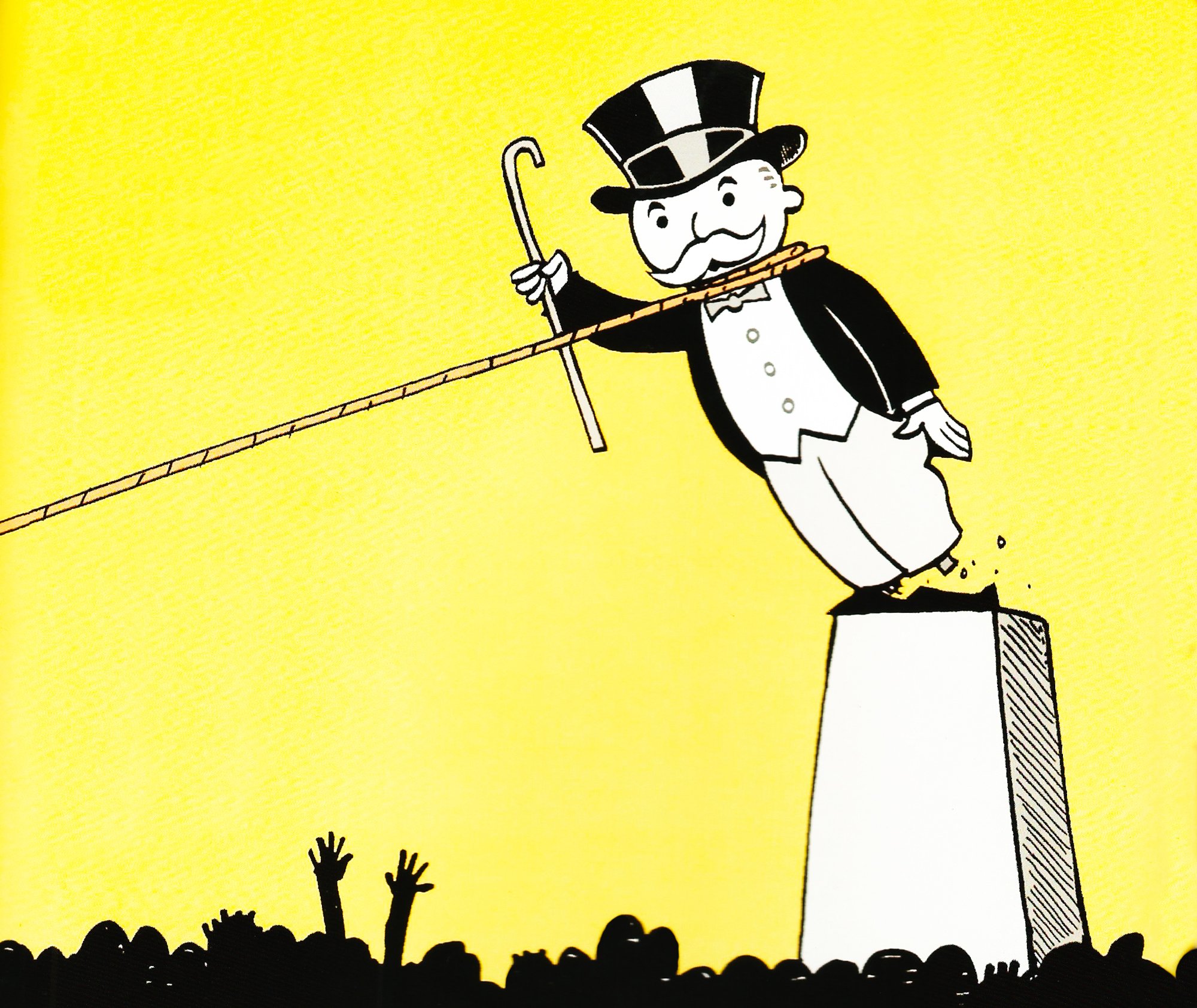 A cartoon of a statue of the Monopoly Man, representing the power of the global ruling class under capitalism, being toppled by an angry crowd.