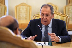 Russian Foreign Minister Sergey Lavrov speaks during his meeting with Bahrain's Foreign Minister Abdullatif al-Zayani in Moscow, Russia, Thursday, April 7, 2022.