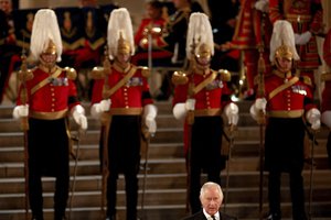 Britain's King Charles III speaks at Westminster Hall, where both Houses of Parliament are meeting to express their condolences following the death of Queen Elizabeth II, at Westminster Hall, in London, Monday, Sept. 12, 2022. Queen Elizabeth II, Britain's longest-reigning monarch, died Thursday after 70 years on the throne.