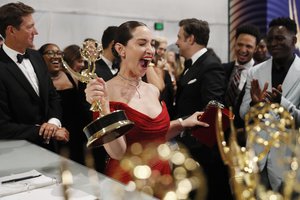 Jamie Lee and the team from "Ted Lasso" accepts the Emmy for outstanding comedy series at the 74th Emmy Awards on Monday, Sept. 12, 2022 at the Event Deck at L.A. LIVE in Los Angeles