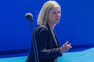 Sweden's Prime Minister Magdalena Andersson talks to journalists as she arrives for the NATO summit in Madrid, Spain, on Wednesday, June 29, 2022