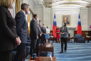 In this photo released by the Taiwan Presidential Office, Taiwan's President Tsai Ing-wen, right, meets United States Congressional members led by Florida Democrat Stephanie Murphy in Taipei, Taiwan on Thursday, Sep. 8, 2022