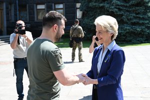 Image showing Greetings Volodymyr Zelensky, President of Ukraine on the left, and Ursula von der Leyen, President of the European Commission, during Ukraine invasion to support the European Union side, Kyiv, to Ukraine, June 11, 2022.