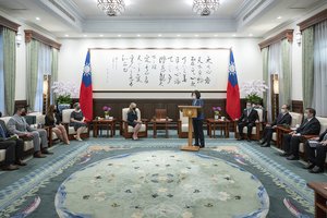 In this photo released by the Taiwan Presidential Office, Taiwan's President Tsai Ing-wen meets with U.S. Sen. Marsha Blackburn in Taipei, Taiwan on Friday, Aug. 26, 2022