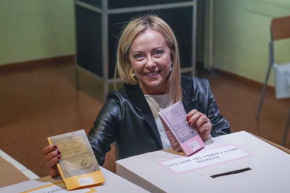 Far-right Brothers of Italy’s leader Giorgia Meloni votes at a polling station in Rome.