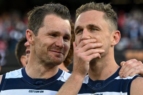 Patrick Dangerfield celebrates a premiership with Cats’ skipper Joel Selwood.