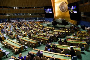 Ukrainian President Volodymyr Zelenskyy from video addresses the 77th session of the United Nations General Assembly, Wednesday, Sept. 21, 2022, at U.N. headquarters.