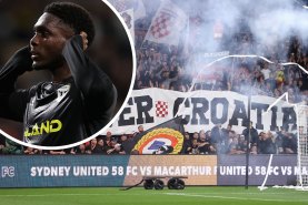 Al Hassan Toure celebrated Macarthur FC’s opening goal right in front of Sydney United 58’s supporters.