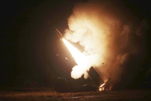 In this photo provided by South Korea Defense Ministry, an Army Tactical Missile System or ATACMS, missile is fired during a joint military drill between U.S. and South Korea at an undisclosed location in South Korea, Wednesday, Oct. 5, 2022