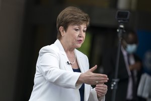 International Monetary Fund Managing Director Kristalina Georgieva speaks during an interview outside of the International Monetary Fund (IMF) building during the World Bank/IMF Spring Meetings in Washington, Thursday, April 21, 2022.