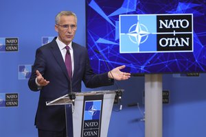 NATO Secretary General Jens Stoltenberg speaks during a media conference after a meeting of NATO defense ministers at NATO headquarters in Brussels, Thursday, Oct. 13, 2022