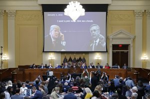 An audio recording of former President Donald Trump talking to Georgia Secretary of State Brad Raffensperger is played as the House select committee investigating the Jan. 6 attack on the U.S. Capitol holds a hearing on Capitol Hill in Washington, Thursday, Oct. 13, 2022. (Jonathan Ernst/Pool Photo via AP)