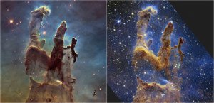 This combination image provided by NASA on Wednesday, Oct. 19, 2022, shows the Pillars of Creation as imaged by NASA's Hubble Space Telescope in 2014, left, and by NASA's James Webb Telescope, right.