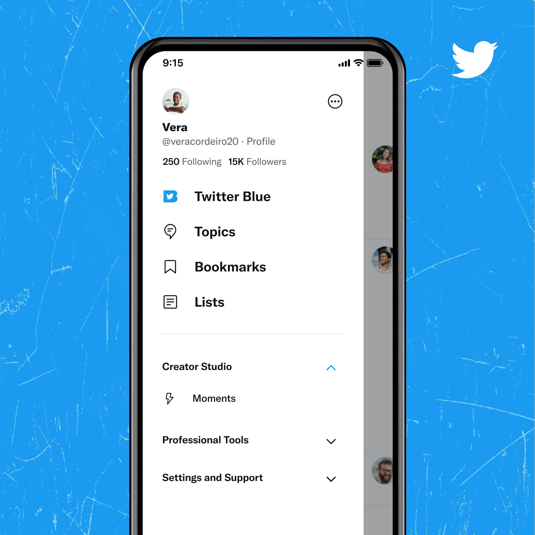 A new iteration of the sidebar menu on iOS. Twitter Blue, Topics, Bookmarks, and Lists are options at the top of the menu. Below them are the expandable options "Creator Studio", "Professional Tools", and "Settings and Support". The “Creator Studio? menu option is expanded to show the “Moments? option.