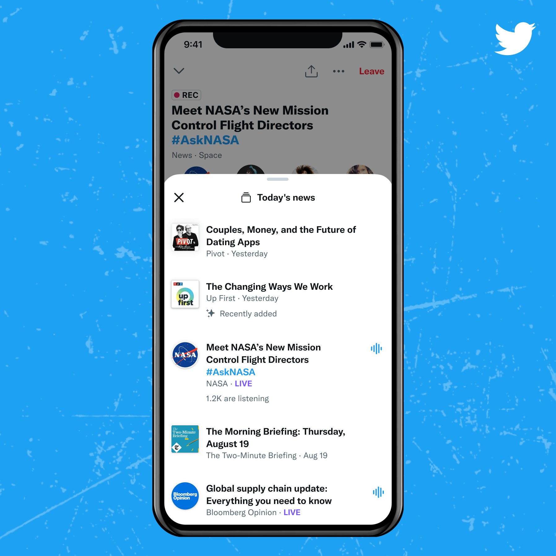 A mock-up of a playlist under the topic 'Today's News' that includes podcasts, live Spaces, and recorded Spaces via the redesigned Twitter Spaces Tab.