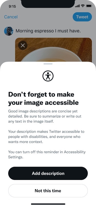 The alt text reminder prompt on iOS with the headline, “Don’t forget to make your image accessible? and an explanation of what makes a good image description and what alt text is below it. At the bottom of the prompt are two buttons: “Add description? and “Not this time?.