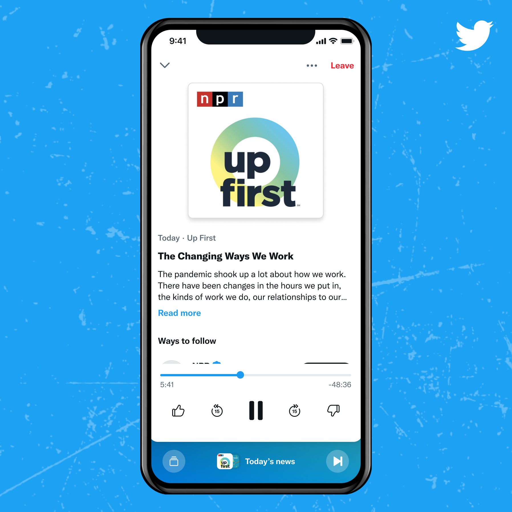 A mock-up of NPR's 'Up First' podcast playing via the redesigned Twitter Spaces Tab.