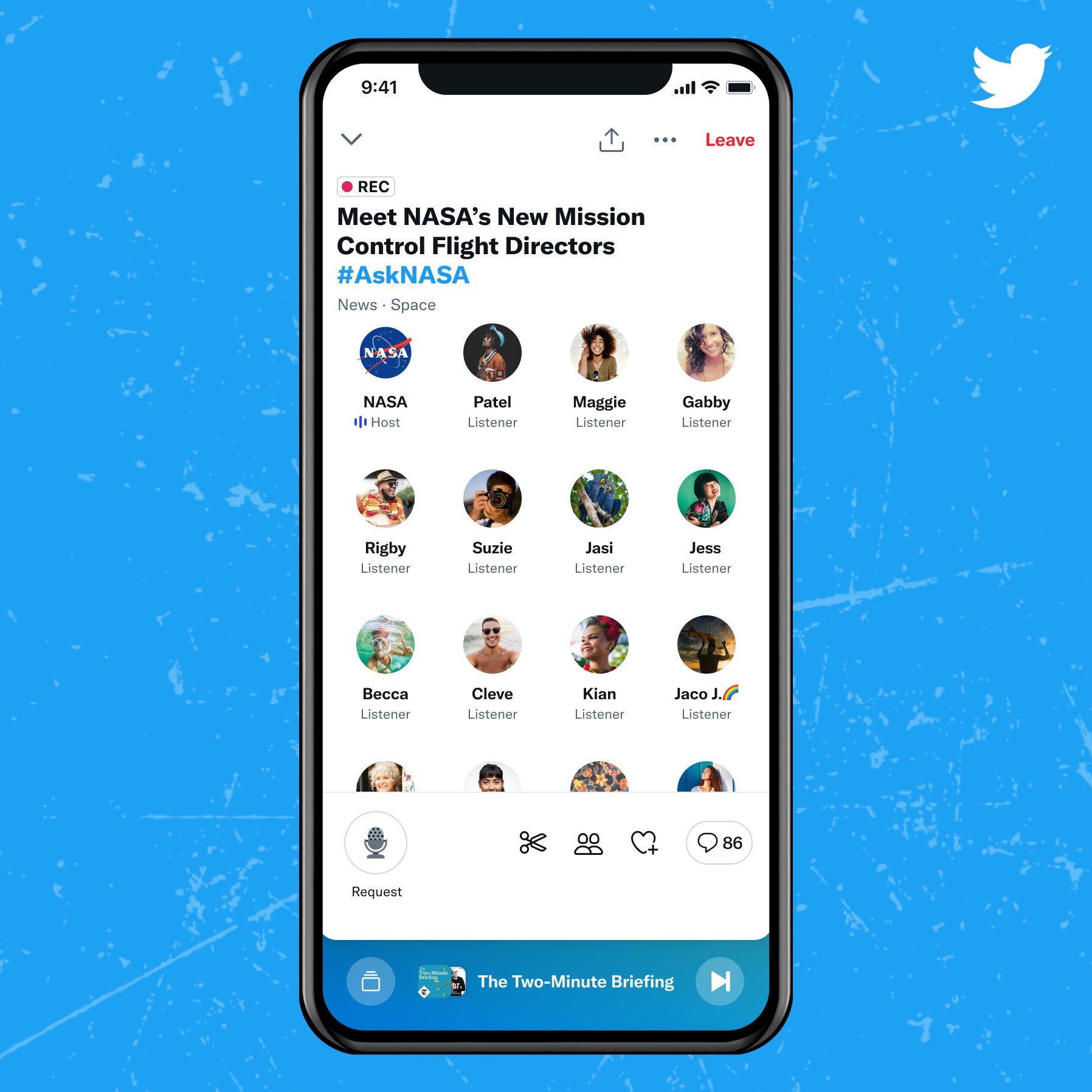 A mock-up of NASA's recent Space titled 'Meet NASA's New Mission Control Flight Directors #AskNASA' playing via the redesigned Twitter Spaces Tab.