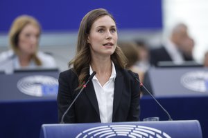 Finnish Prime Minister Sanna Marin speaks at the plenary session of the European Parliament in Strasbourg, eastern France, Tuesday, Sept. 13, 2022