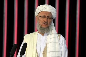 Afghan Deputy Prime Minister Mawlavi Abdul Salam Hanafi speaks during the death anniversary of Mullah Omar in Kabul, Afghanistan