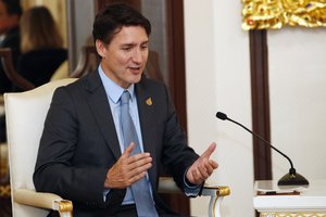 Canadian Prime Minister Justin Trudeau talks with Thai Prime Minister Prayuth Chan-ocha, not seen, during a meeting at the Government House, Thursday, Nov. 17, 2022, in Bangkok, Thailand