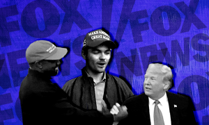 Fuentes, Trump, and Ye in front of a blue Fox News logo