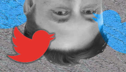 Elon Musk, upside down, against a gray stattic background featureing a red version of the twitter logo